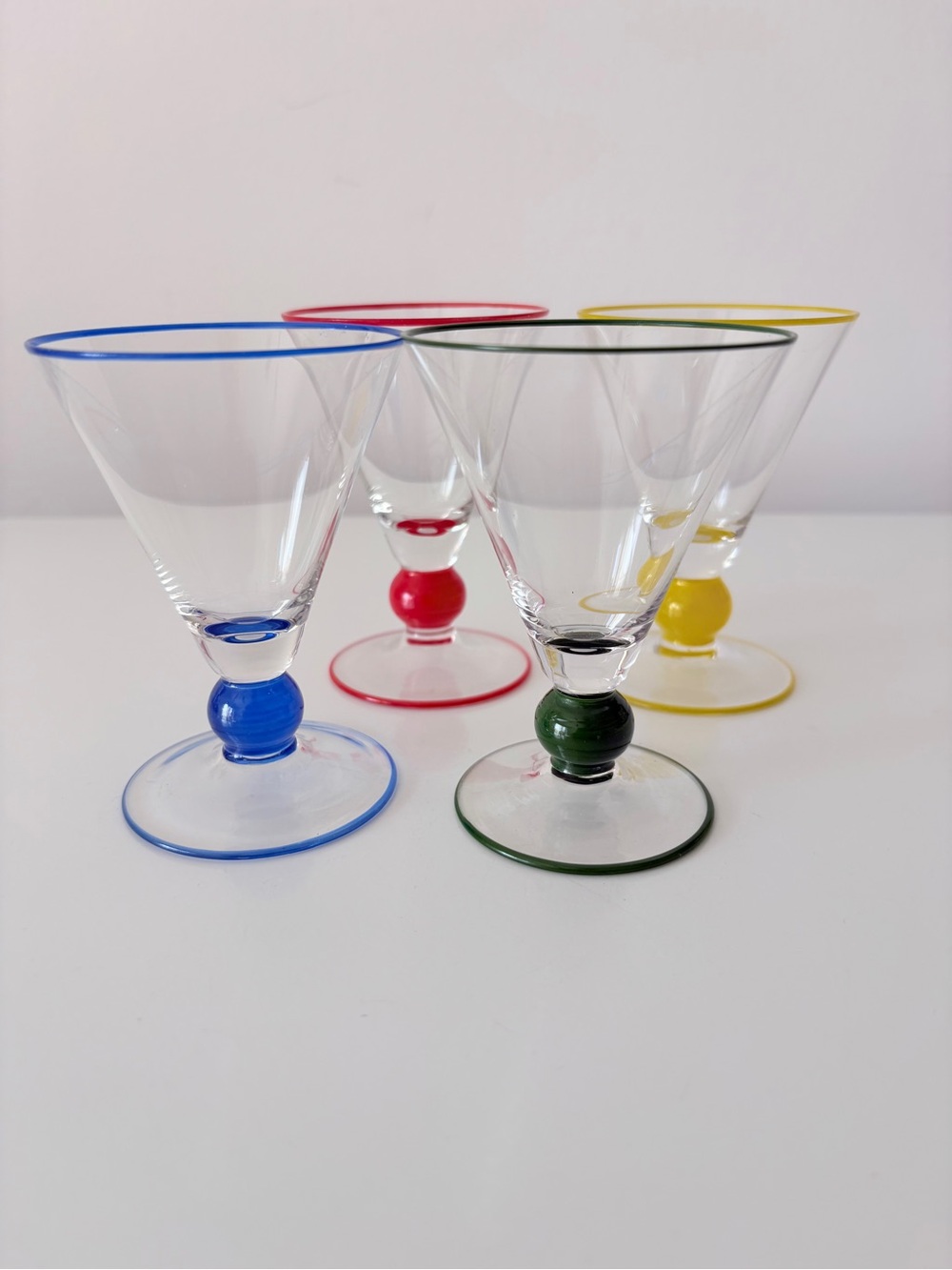 80s Vintage Clear Glass Cordial Glasses Red Yellow Green & Blue Stripe Set of 4